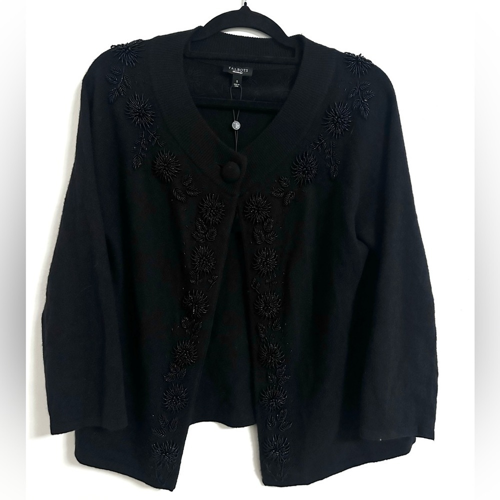 Talbots Black Beaded Lambswool Angora Wool Cardigan Small